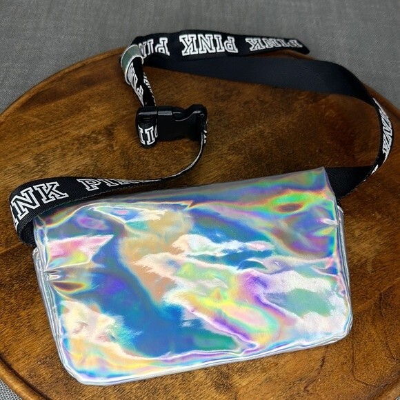 PINK Belt Bag Shiny Silver Iridescent Fanny Pack Adjustable Victoria's Secret - Picture 2 of 7